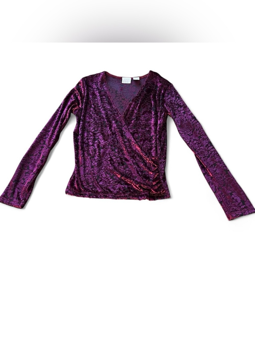 y2k 90s moda international burgundy floral velvet faux wrap long sleeve top